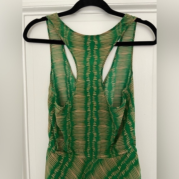 Cynthia Vincent Silk Green Tan Tribal Pattern Tie Waist Flowy Sleeveless Dress - Picture 6 of 12